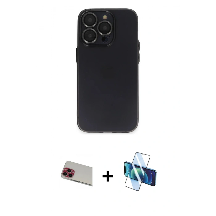MARSİLYAN™- iPhone 13 Pro Max Kılıf Ufuk Minimal Özel Seri - Siyah 3D Antistatik Cam Ekran Koruyucu + Rainbow Kamera Lens Koruma Cam - KI