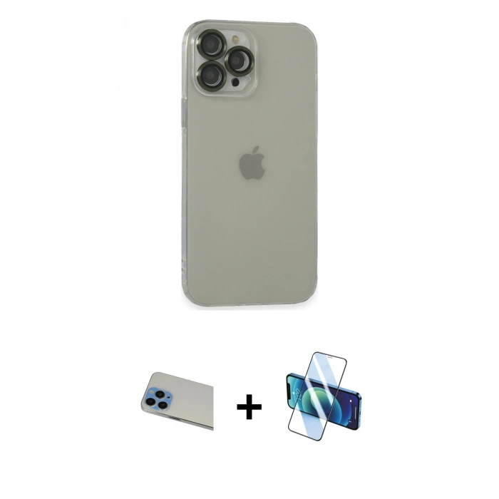 MARSİLYAN™- iPhone 13 Pro Max Kılıf Ufuk Minimal Özel Seri - Siyah 3D Antistatik Cam Ekran Koruyucu + Rainbow Kamera Lens Koruma Cam - MI