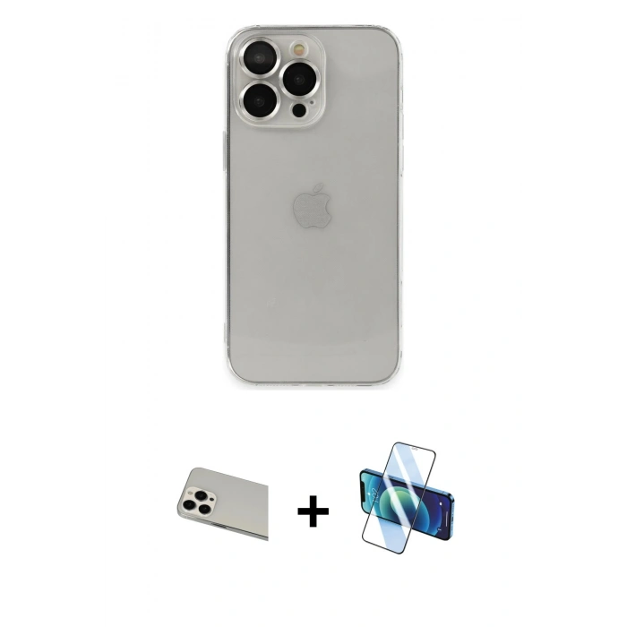 MARSİLYAN™- iPhone 13 Pro Max Kılıf Ufuk Minimal Özel Seri - Siyah 3D Antistatik Cam Ekran Koruyucu + Rainbow Kamera Lens Koruma Cam - BZ