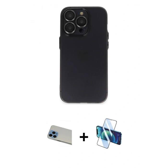 MARSİLYAN™- iPhone 13 Pro Max Kılıf Ufuk Minimal Özel Seri - Siyah 3D Antistatik Cam Ekran Koruyucu + Rainbow Kamera Lens Koruma Cam - MI