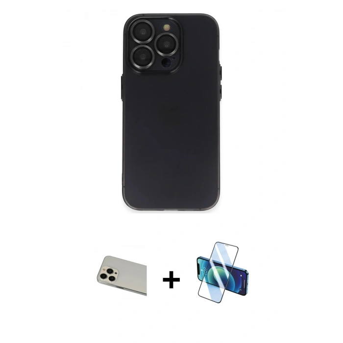 MARSİLYAN™- iPhone 13 Pro Max Kılıf Ufuk Minimal Özel Seri - Siyah 3D Antistatik Cam Ekran Koruyucu + Rainbow Kamera Lens Koruma Cam - REGD