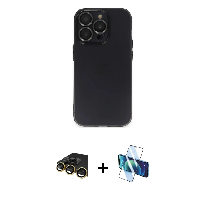 MARSİLYAN™- iPhone 13 Pro Max Kılıf Ufuk Minimal Özel Seri - Siyah 3D Antistatik Cam Ekran Koruyucu + Raze Metal Kamera Lens - GD