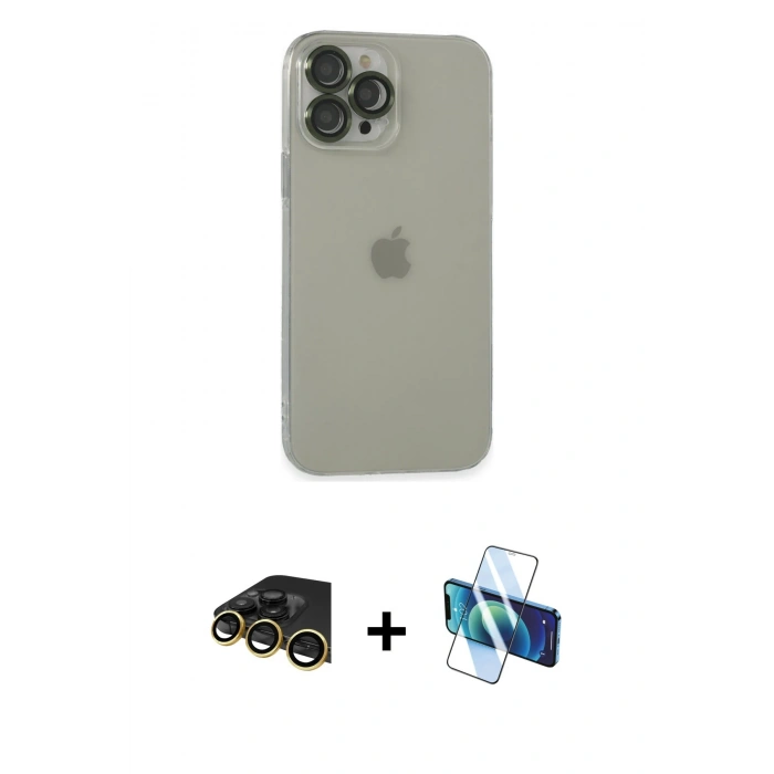 MARSİLYAN™- iPhone 13 Pro Max Kılıf Ufuk Minimal Özel Seri - Siyah 3D Antistatik Cam Ekran Koruyucu + Raze Metal Kamera Lens - GD