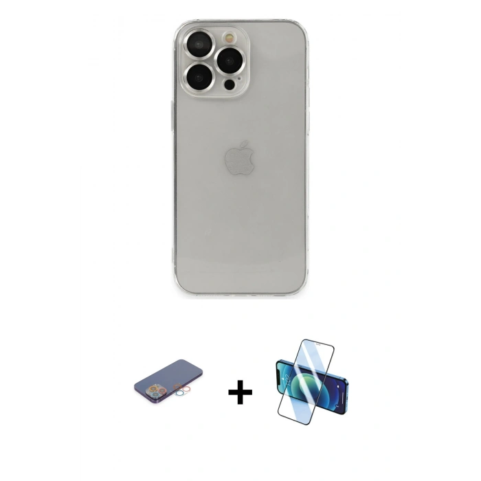 MARSİLYAN™- iPhone 13 Pro Max Kılıf Ufuk Minimal Özel Seri - Siyah 3D Antistatik Cam Ekran Koruyucu + Renkli Kamera Lens Koruma Cam - PE