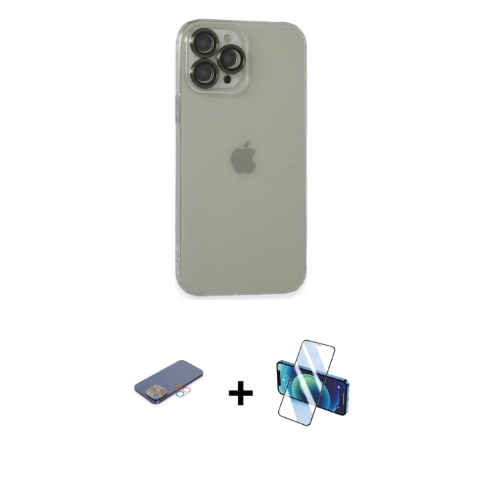 MARSİLYAN™- iPhone 13 Pro Max Kılıf Ufuk Minimal Özel Seri - Siyah 3D Antistatik Cam Ekran Koruyucu + Renkli Kamera Lens Koruma Cam - PE