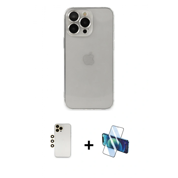 MARSİLYAN™- iPhone 13 Pro Max Kılıf Ufuk Minimal Özel Seri - Siyah 3D Antistatik Cam Ekran Koruyucu + Shine Kamera Lens - GD