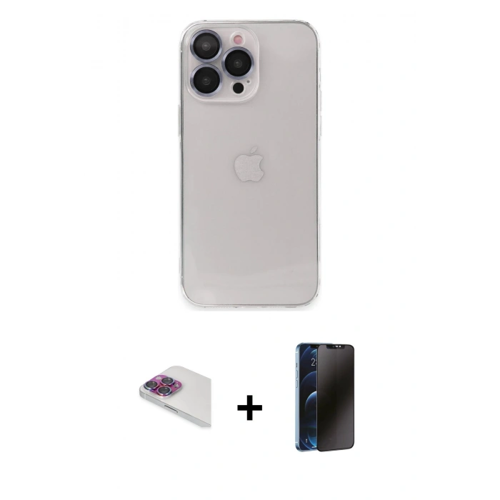 MARSİLYAN™- iPhone 13 Pro Max Kılıf Ufuk Minimal Özel Seri - Siyah 3D Antistatik Hayalet Cam Ekran Koruyucu + Pers Alüminyum Kamera Lens - GI