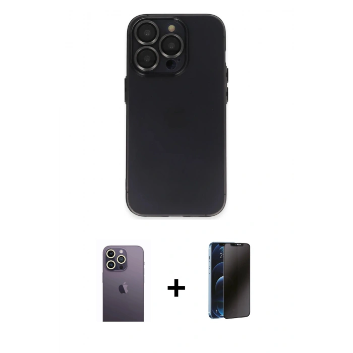 MARSİLYAN™- iPhone 13 Pro Max Kılıf Ufuk Minimal Özel Seri - Siyah 3D Antistatik Hayalet Cam Ekran Koruyucu + Neon Fosforlu Kamera Lens - BZ