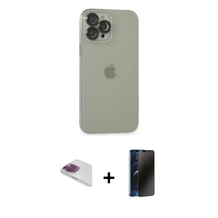 MARSİLYAN™- iPhone 13 Pro Max Kılıf Ufuk Minimal Özel Seri - Siyah 3D Antistatik Hayalet Cam Ekran Koruyucu + Pers Alüminyum Kamera Lens - GI
