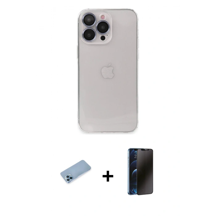 MARSİLYAN™- iPhone 13 Pro Max Kılıf Ufuk Minimal Özel Seri - Siyah 3D Antistatik Hayalet Cam Ekran Koruyucu + Shine Kamera Lens Koruma Cam - MI