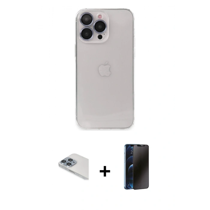 MARSİLYAN™- iPhone 13 Pro Max Kılıf Ufuk Minimal Özel Seri - Siyah 3D Antistatik Hayalet Cam Ekran Koruyucu + Pers Alüminyum Kamera Lens - SABE
