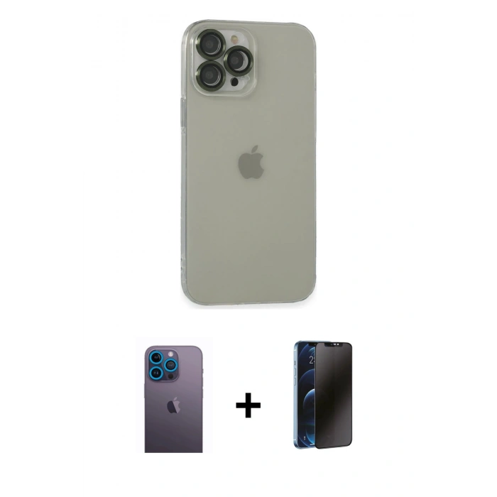MARSİLYAN™- iPhone 13 Pro Max Kılıf Ufuk Minimal Özel Seri - Siyah 3D Antistatik Hayalet Cam Ekran Koruyucu + Neon Fosforlu Kamera Lens - MI