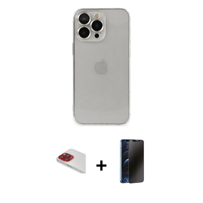 MARSİLYAN™- iPhone 13 Pro Max Kılıf Ufuk Minimal Özel Seri - Siyah 3D Antistatik Hayalet Cam Ekran Koruyucu + Pers Alüminyum Kamera Lens - KI