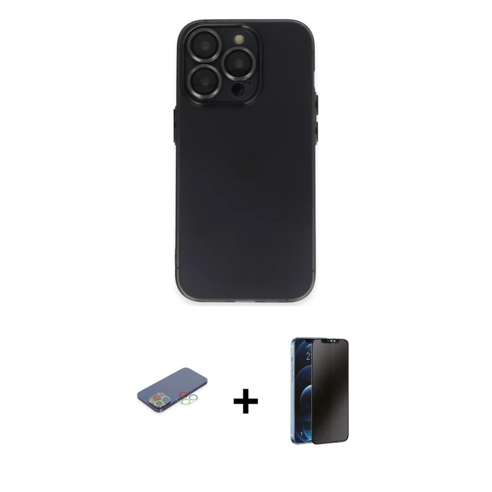 MARSİLYAN™- iPhone 13 Pro Max Kılıf Ufuk Minimal Özel Seri - Siyah 3D Antistatik Hayalet Cam Ekran Koruyucu + Renkli Kamera Lens Koruma Cam - MI