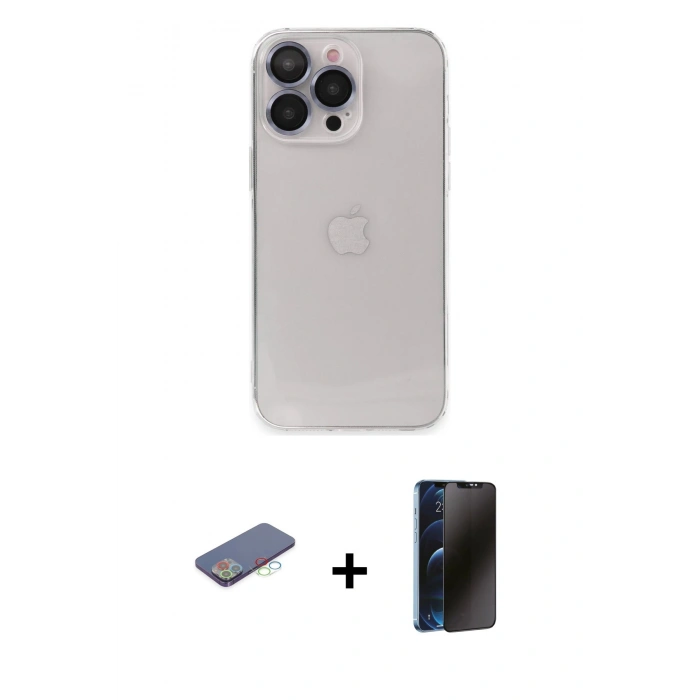 MARSİLYAN™- iPhone 13 Pro Max Kılıf Ufuk Minimal Özel Seri - Siyah 3D Antistatik Hayalet Cam Ekran Koruyucu + Renkli Kamera Lens Koruma Cam - MI