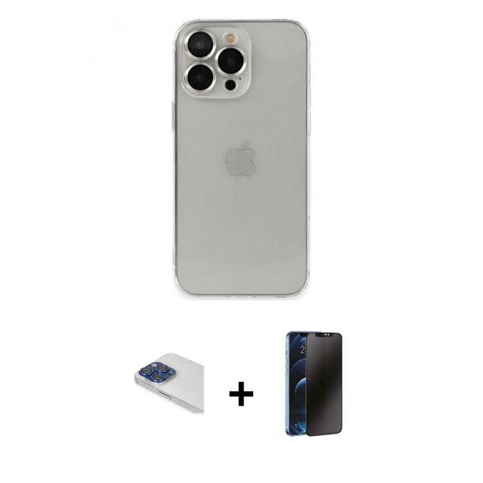 MARSİLYAN™- iPhone 13 Pro Max Kılıf Ufuk Minimal Özel Seri - Siyah 3D Antistatik Hayalet Cam Ekran Koruyucu + Pers Alüminyum Kamera Lens - LT