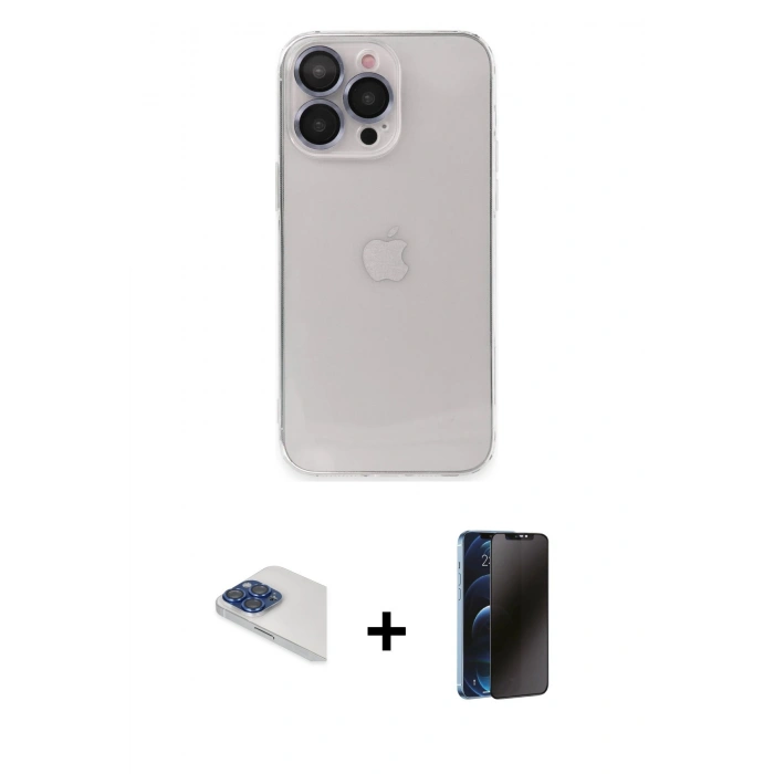 MARSİLYAN™- iPhone 13 Pro Max Kılıf Ufuk Minimal Özel Seri - Siyah 3D Antistatik Hayalet Cam Ekran Koruyucu + Pers Alüminyum Kamera Lens - LT