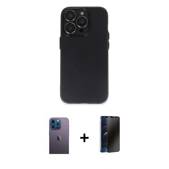 MARSİLYAN™- iPhone 13 Pro Max Kılıf Ufuk Minimal Özel Seri - Siyah 3D Antistatik Hayalet Cam Ekran Koruyucu + Neon Fosforlu Kamera Lens - MI