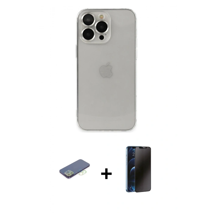 MARSİLYAN™- iPhone 13 Pro Max Kılıf Ufuk Minimal Özel Seri - Siyah 3D Antistatik Hayalet Cam Ekran Koruyucu + Renkli Kamera Lens Koruma Cam - YL