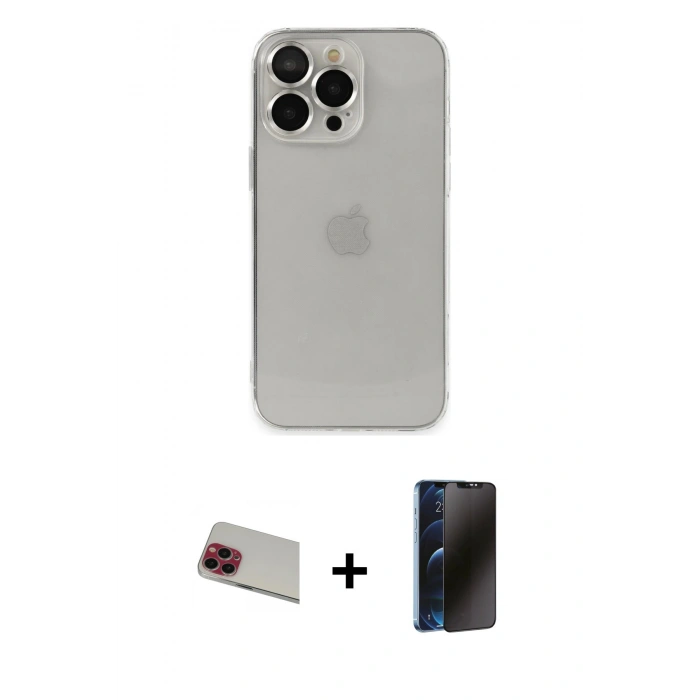 MARSİLYAN™- iPhone 13 Pro Max Kılıf Ufuk Minimal Özel Seri - Siyah 3D Antistatik Hayalet Cam Ekran Koruyucu + Rainbow Kamera Lens Koruma Cam - KI