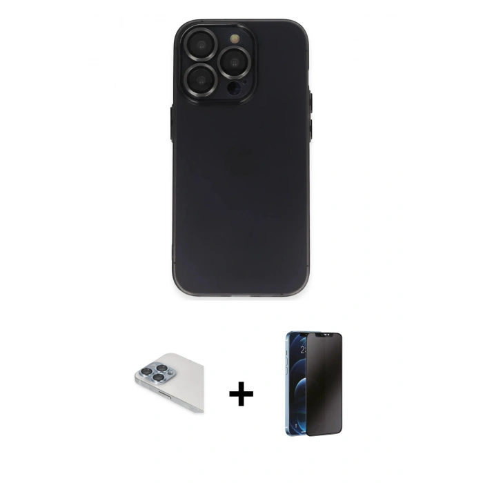MARSİLYAN™- iPhone 13 Pro Max Kılıf Ufuk Minimal Özel Seri - Siyah 3D Antistatik Hayalet Cam Ekran Koruyucu + Pers Alüminyum Kamera Lens - SABE
