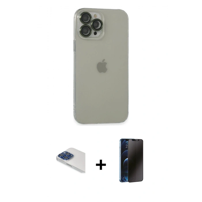 MARSİLYAN™- iPhone 13 Pro Max Kılıf Ufuk Minimal Özel Seri - Siyah 3D Antistatik Hayalet Cam Ekran Koruyucu + Pers Alüminyum Kamera Lens - LT