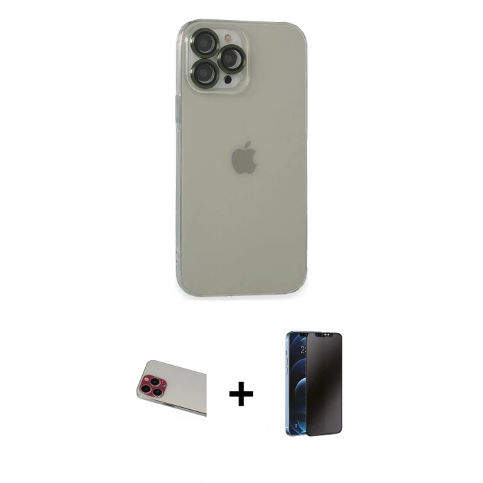 MARSİLYAN™- iPhone 13 Pro Max Kılıf Ufuk Minimal Özel Seri - Siyah 3D Antistatik Hayalet Cam Ekran Koruyucu + Rainbow Kamera Lens Koruma Cam - KI