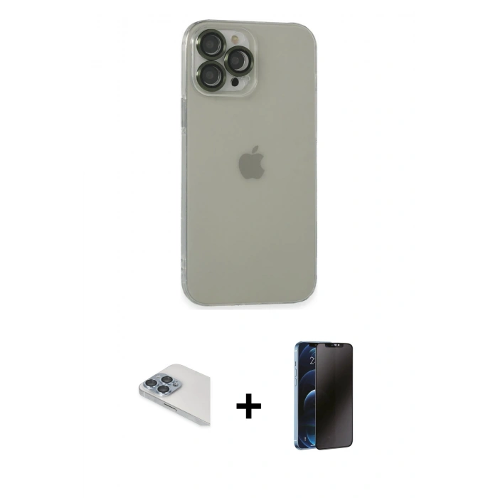 MARSİLYAN™- iPhone 13 Pro Max Kılıf Ufuk Minimal Özel Seri - Siyah 3D Antistatik Hayalet Cam Ekran Koruyucu + Pers Alüminyum Kamera Lens - SABE