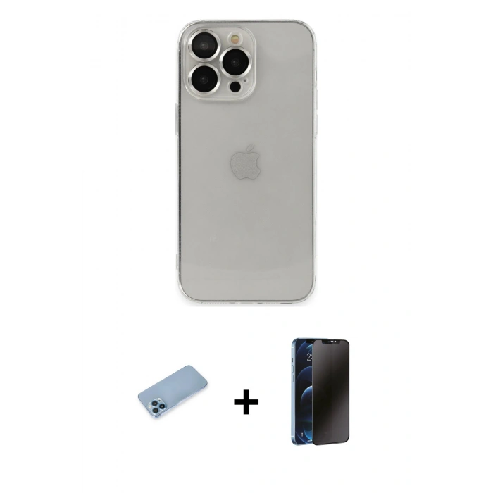 MARSİLYAN™- iPhone 13 Pro Max Kılıf Ufuk Minimal Özel Seri - Siyah 3D Antistatik Hayalet Cam Ekran Koruyucu + Shine Kamera Lens Koruma Cam - MI