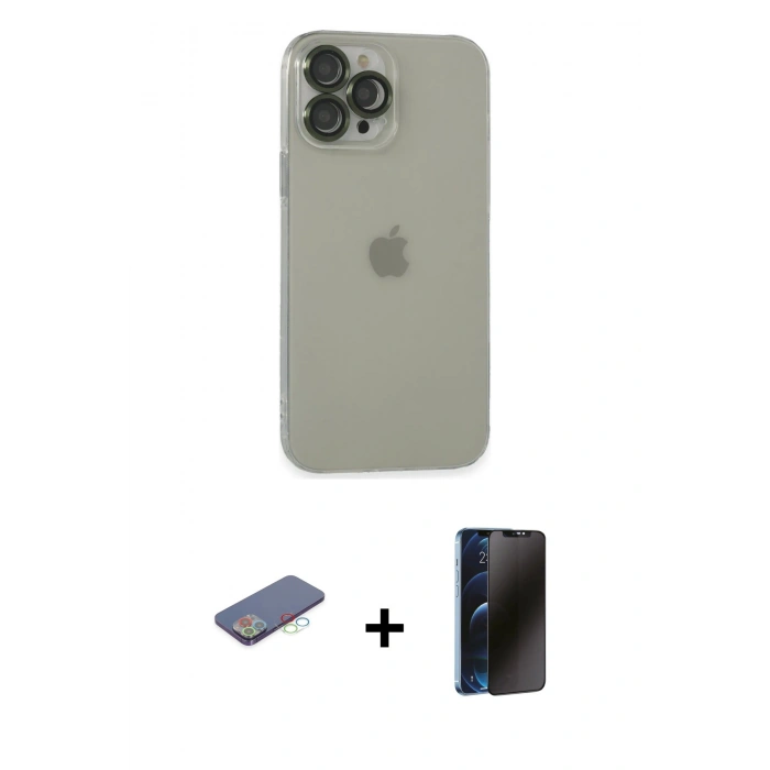 MARSİLYAN™- iPhone 13 Pro Max Kılıf Ufuk Minimal Özel Seri - Siyah 3D Antistatik Hayalet Cam Ekran Koruyucu + Renkli Kamera Lens Koruma Cam - MI