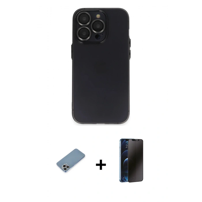 MARSİLYAN™- iPhone 13 Pro Max Kılıf Ufuk Minimal Özel Seri - Siyah 3D Antistatik Hayalet Cam Ekran Koruyucu + Shine Kamera Lens Koruma Cam - GI