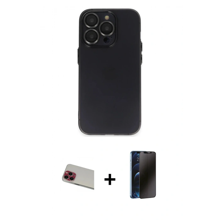 MARSİLYAN™- iPhone 13 Pro Max Kılıf Ufuk Minimal Özel Seri - Siyah 3D Antistatik Hayalet Cam Ekran Koruyucu + Rainbow Kamera Lens Koruma Cam - KI