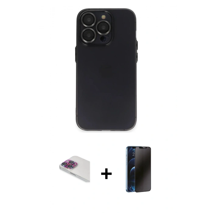MARSİLYAN™- iPhone 13 Pro Max Kılıf Ufuk Minimal Özel Seri - Siyah 3D Antistatik Hayalet Cam Ekran Koruyucu + Pers Alüminyum Kamera Lens - GI