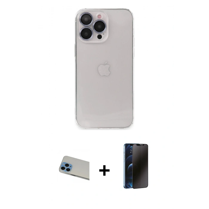 MARSİLYAN™- iPhone 13 Pro Max Kılıf Ufuk Minimal Özel Seri - Siyah 3D Antistatik Hayalet Cam Ekran Koruyucu + Mavi Rainbow Kamera Lens Koruma Cam