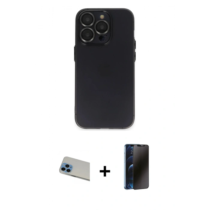 MARSİLYAN™- iPhone 13 Pro Max Kılıf Ufuk Minimal Özel Seri - Siyah 3D Antistatik Hayalet Cam Ekran Koruyucu + Mavi Rainbow Kamera Lens Koruma Cam