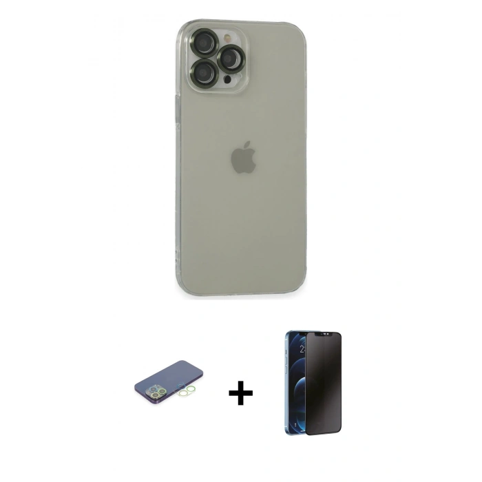 MARSİLYAN™- iPhone 13 Pro Max Kılıf Ufuk Minimal Özel Seri - Siyah 3D Antistatik Hayalet Cam Ekran Koruyucu + Renkli Kamera Lens Koruma Cam - YL