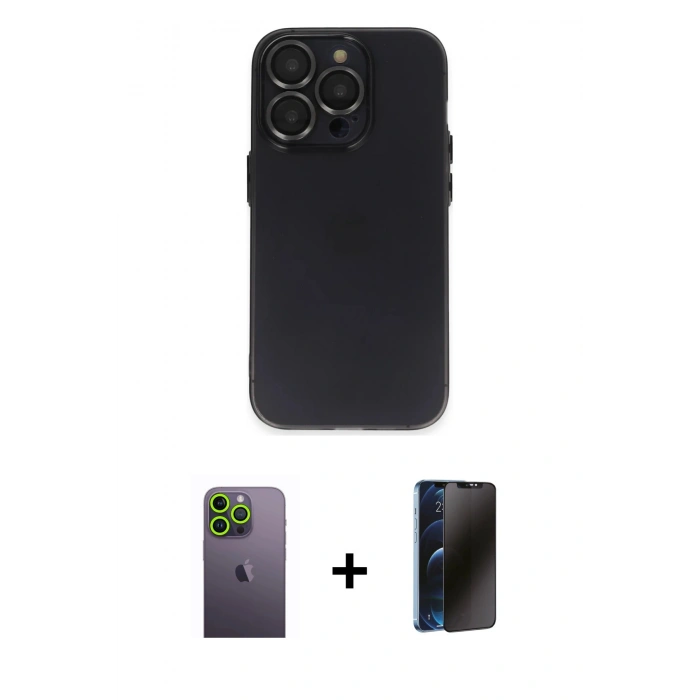 MARSİLYAN™- iPhone 13 Pro Max Kılıf Ufuk Minimal Özel Seri - Siyah 3D Antistatik Hayalet Cam Ekran Koruyucu + Neon Fosforlu Kamera Lens - YL