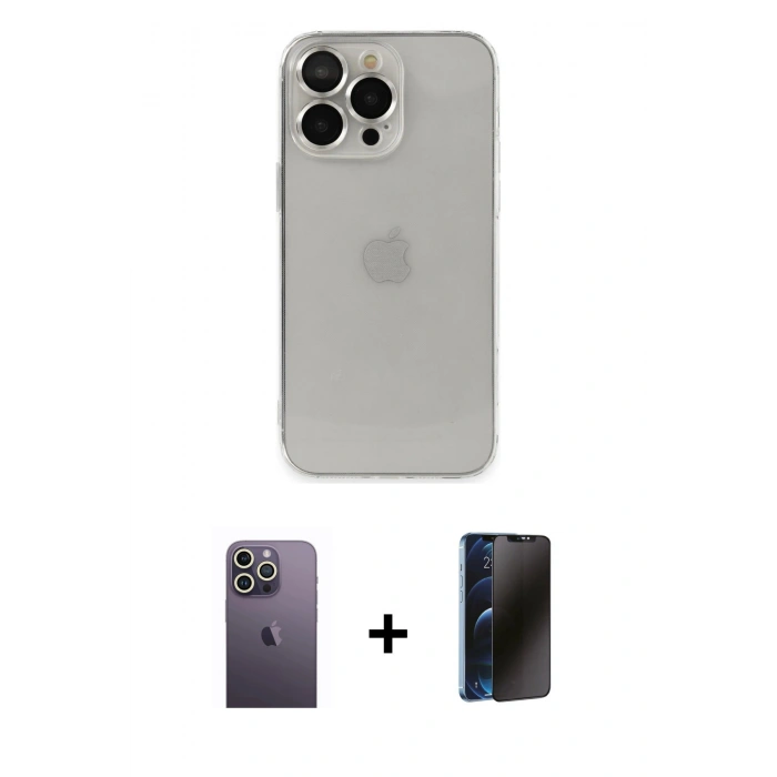 MARSİLYAN™- iPhone 13 Pro Max Kılıf Ufuk Minimal Özel Seri - Siyah 3D Antistatik Hayalet Cam Ekran Koruyucu + Neon Fosforlu Kamera Lens - BZ