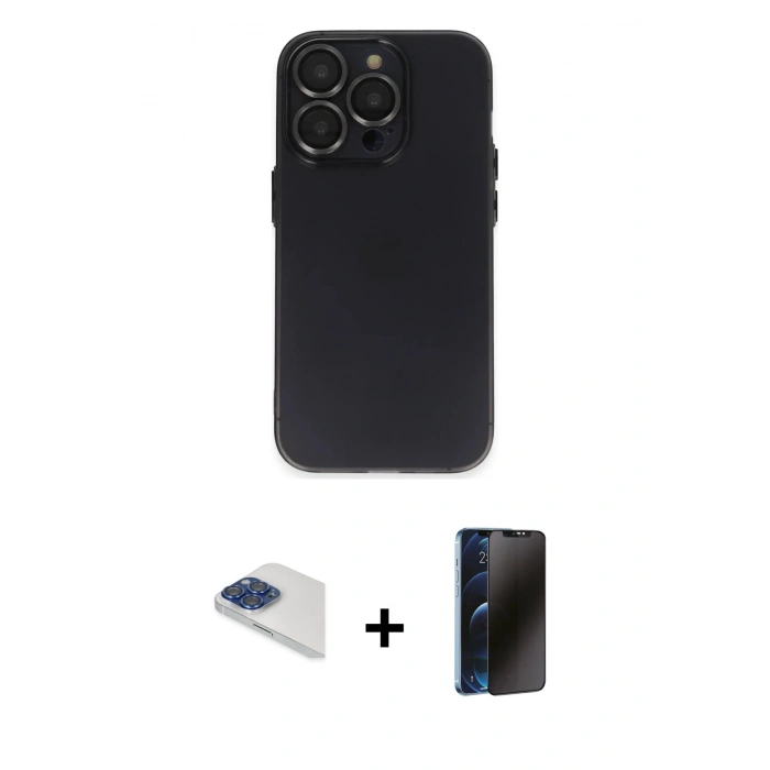 MARSİLYAN™- iPhone 13 Pro Max Kılıf Ufuk Minimal Özel Seri - Siyah 3D Antistatik Hayalet Cam Ekran Koruyucu + Pers Alüminyum Kamera Lens - LT