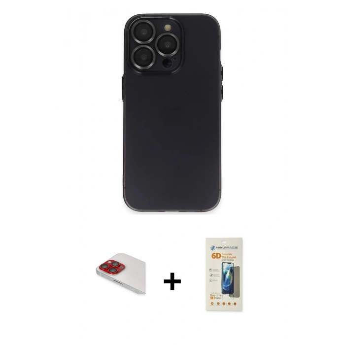 MARSİLYAN™- iPhone 13 Pro Max Kılıf Ufuk Minimal Özel Seri - Siyah 6D Mat Seramik Hayalet Nano Ekran Koruyucu + Pers Alüminyum Kamera Lens - KI