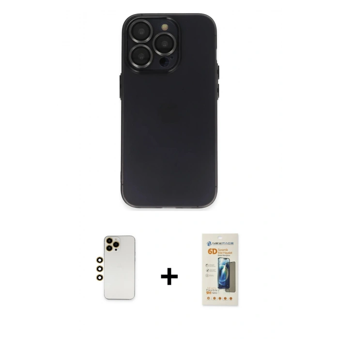 MARSİLYAN™- iPhone 13 Pro Max Kılıf Ufuk Minimal Özel Seri - Siyah 6D Mat Seramik Hayalet Nano Ekran Koruyucu + Shine Kamera Lens - GD