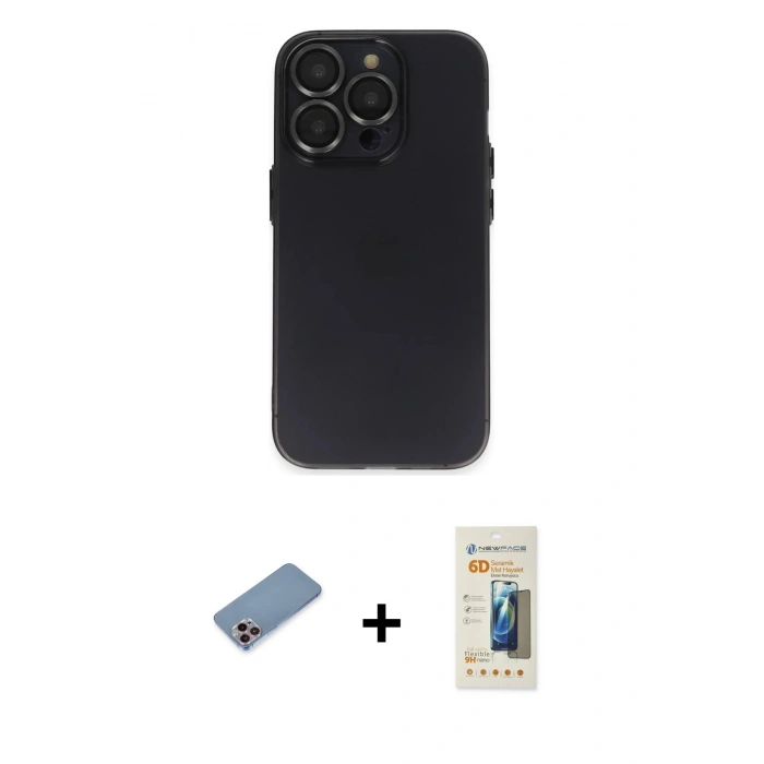 MARSİLYAN™- iPhone 13 Pro Max Kılıf Ufuk Minimal Özel Seri - Siyah 6D Mat Seramik Hayalet Nano Ekran Koruyucu + Shine Kamera Lens Koruma Cam - PE