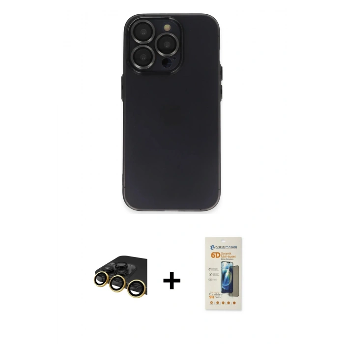 MARSİLYAN™- iPhone 13 Pro Max Kılıf Ufuk Minimal Özel Seri - Siyah 6D Mat Seramik Hayalet Nano Ekran Koruyucu + Raze Metal Kamera Lens - GD
