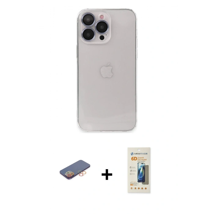 MARSİLYAN™- iPhone 13 Pro Max Kılıf Ufuk Minimal Özel Seri - Siyah 6D Mat Seramik Hayalet Nano Ekran Koruyucu + Renkli Kamera Lens Koruma Cam - TU