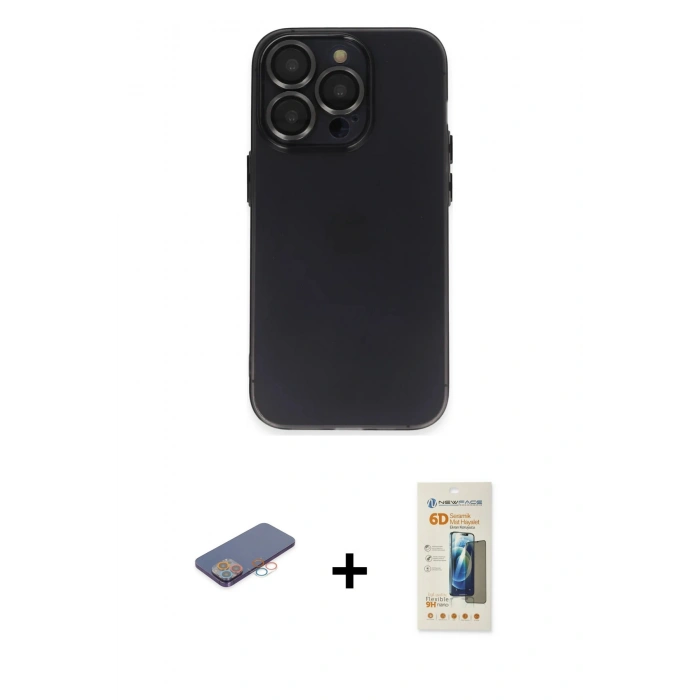 MARSİLYAN™- iPhone 13 Pro Max Kılıf Ufuk Minimal Özel Seri - Siyah 6D Mat Seramik Hayalet Nano Ekran Koruyucu + Pembe Renkli Kamera Lens Koruma Cam