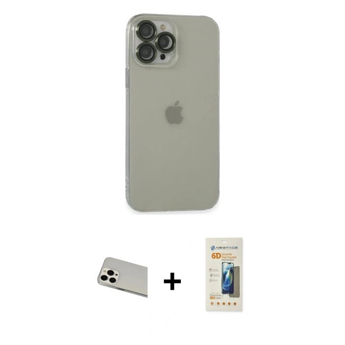 MARSİLYAN™- iPhone 13 Pro Max Kılıf Ufuk Minimal Özel Seri - Siyah 6D Mat Seramik Hayalet Nano Ekran Koruyucu + Rainbow Kamera Lens Koruma Cam - BZ