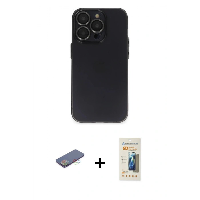 MARSİLYAN™- iPhone 13 Pro Max Kılıf Ufuk Minimal Özel Seri - Siyah 6D Mat Seramik Hayalet Nano Ekran Koruyucu + Renkli Kamera Lens Koruma Cam - MI