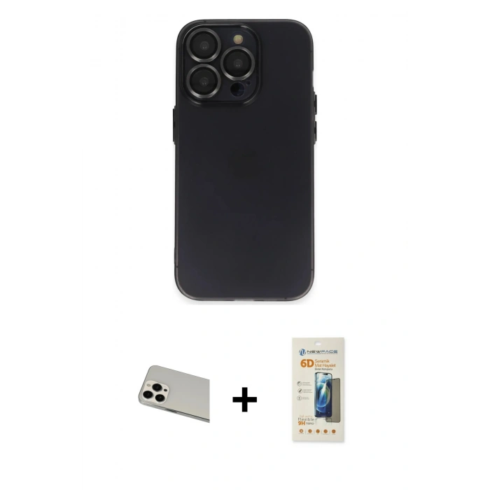 MARSİLYAN™- iPhone 13 Pro Max Kılıf Ufuk Minimal Özel Seri - Siyah 6D Mat Seramik Hayalet Nano Ekran Koruyucu + Rainbow Kamera Lens Koruma Cam - BZ