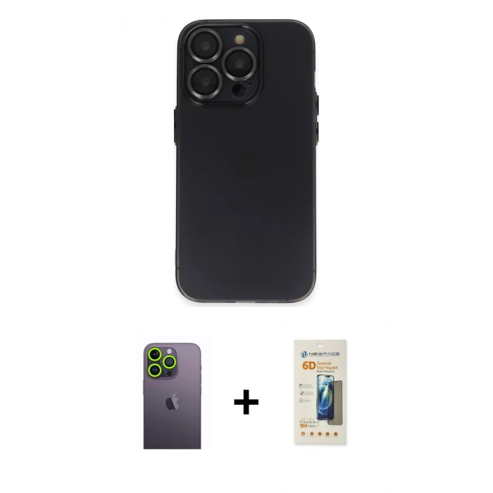 MARSİLYAN™- iPhone 13 Pro Max Kılıf Ufuk Minimal Özel Seri - Siyah 6D Mat Seramik Hayalet Nano Ekran Koruyucu + Neon Fosforlu Kamera Lens - YL