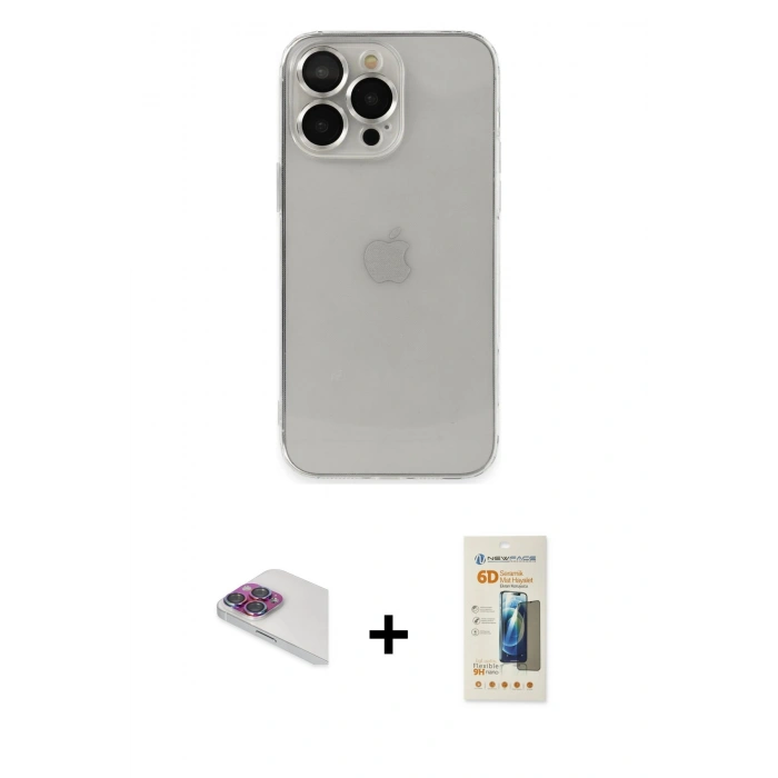MARSİLYAN™- iPhone 13 Pro Max Kılıf Ufuk Minimal Özel Seri - Siyah 6D Mat Seramik Hayalet Nano Ekran Koruyucu + Pers Alüminyum Kamera Lens - GI
